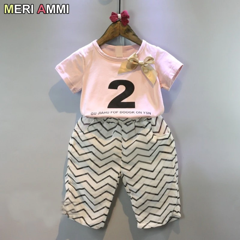 pink MERI AMMI/комплект одежды из 2 предметов для девочек наряд короткий рукав Футболка+ штаны в полоску для девочек от 2 до 7 лет J817 - Цвет: pink