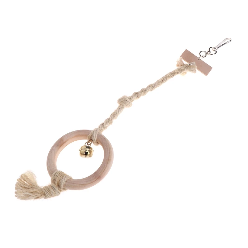 Parrot Bird Toys Swing Round Natural Wood Linen Rope Bell Hanging Cage Chew Bite