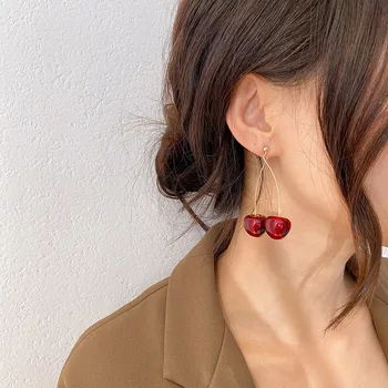 

Red Cherry Earrings Korean Temperament Needle Earrings New Tide Net Red Earrings Long Acrylic Earrings
