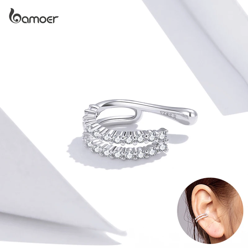 Bamoer 1 PCS 925 Sterling Silver Clear CZ Curved Leaf Ear Clip for Women Exquisite Zircon Wedding Statement Jewelry Gift SCE904 | Украшения