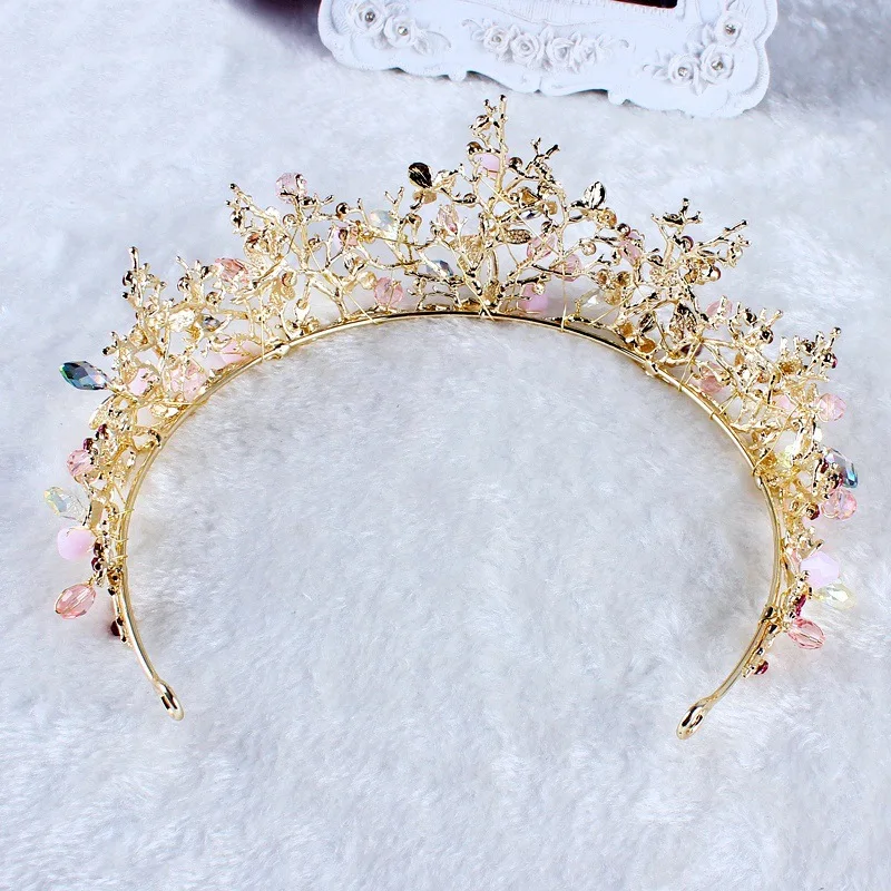 Korean Style Pink Bride Crown Handmade Crystal Bride Accessories Headdress