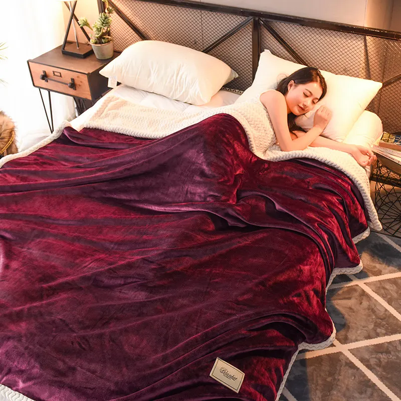 Wine red Одеяла теплые утолщенные фланелевые Реверсивные мягкие Королева Король Полный Твин Размер Односпальная двуспальная кровать плед уютная кровать покрывало - Цвет: Wine red