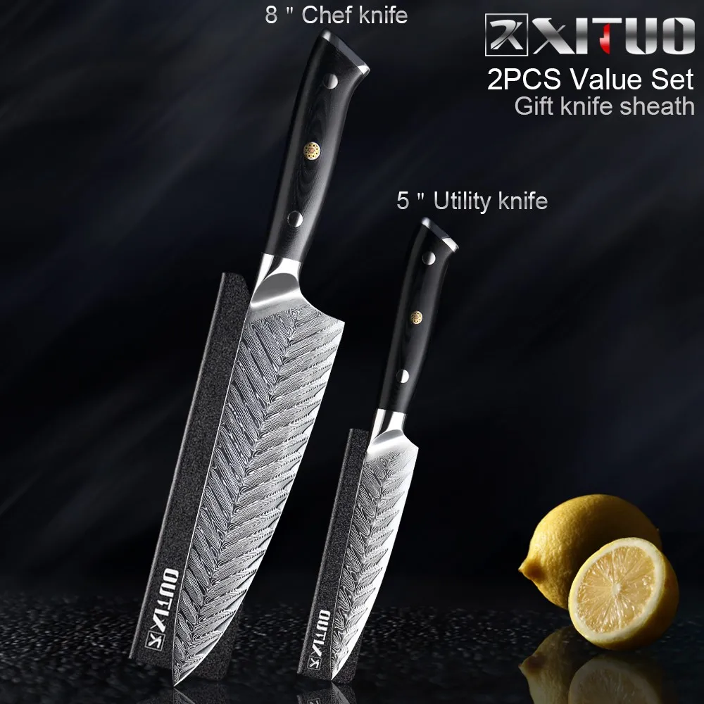 2PCS Set XITUO Набор ножей шеф-повара VG10, Профессиональный кухонный нож, нож Santoku, нож для нарезки овощей, ножи Fishbone G10, ручка - Цвет: 2PCS Set