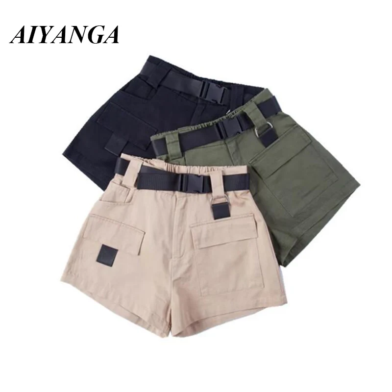 Cotton Shorts Women Safari Style Elastic Waist Cargo Short Pants Femme  Belted 2022 Summer Army Green High Waist Shorts