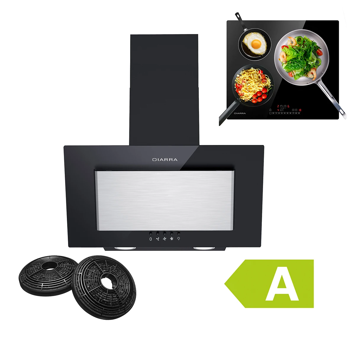 Campana extractora cb6736d + CBBIH3B, Extractor de pared de 60 cm, 370 m³/h, ventilador de inducción de clase energética A, 3 zonas, cocina integrada