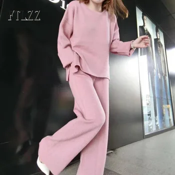 

Fashion Women Casual Knit 2 Pcs Sets 2019 Autumn New Woman Knitted Long Sleeves O-neck Pullover Tops+high Waist Wide Leg Pants