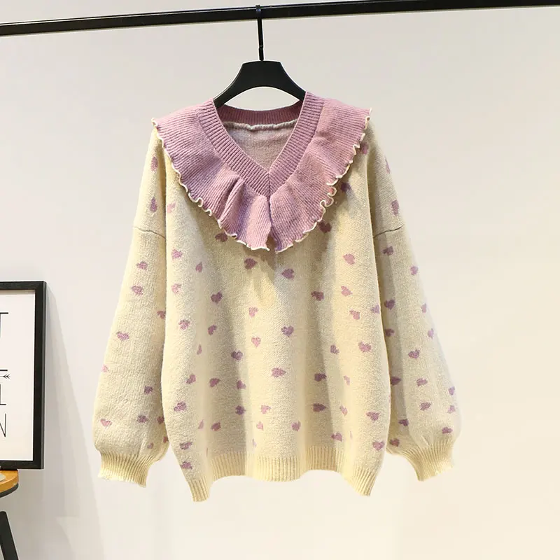 HF19182 Purple H. SA/зимние вязаные свитера с v-образным вырезом и оборками; свободные свитера с v-образным вырезом; шикарная одежда; Рождественский свитер в горошек; зимний свитер - Цвет: HF19182 Purple