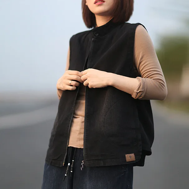 

2019 Women Autumn Loose Casual Black Gray Stand Collar Cowboy Jacket Vests Female Sleevelss Denim Zipper Vest Coat Tops Jacket