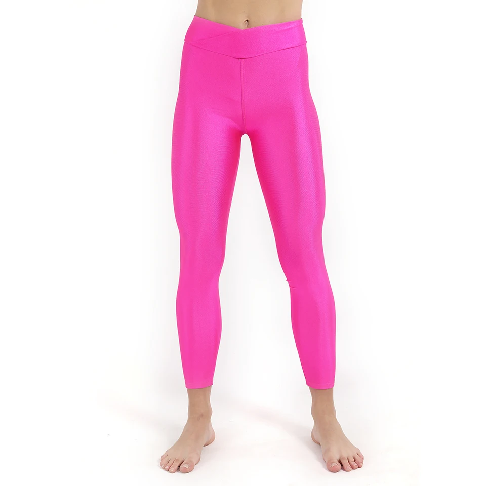 Женские блестящие неоновые леггинсы для женщин, высокая растягиваемость, пуш-ап, тонкие женские леггинсы, брюки, повседневные брюки для девочек, одежда, леггинсы - Цвет: Розово-красный