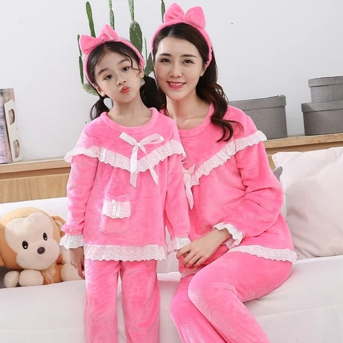 Комплект зимней фланелевой пижамы; коллекция года; одинаковые рождественские пижамы для всей семьи; повседневная домашняя одежда; теплая детская одежда для сна для девочек; одежда для мамы - Цвет: RQT hui 9907hong