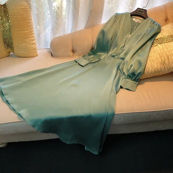 

French vintage dress elegant socialite style V neck long sleeve autumn new green minority dresses women