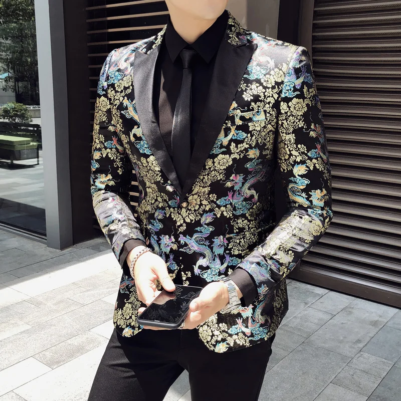 

2020 Brand New Mens One Button Jacket Personality Jacquard Bronzing Floral Blazer Men Party Stage Singer Costume Homme