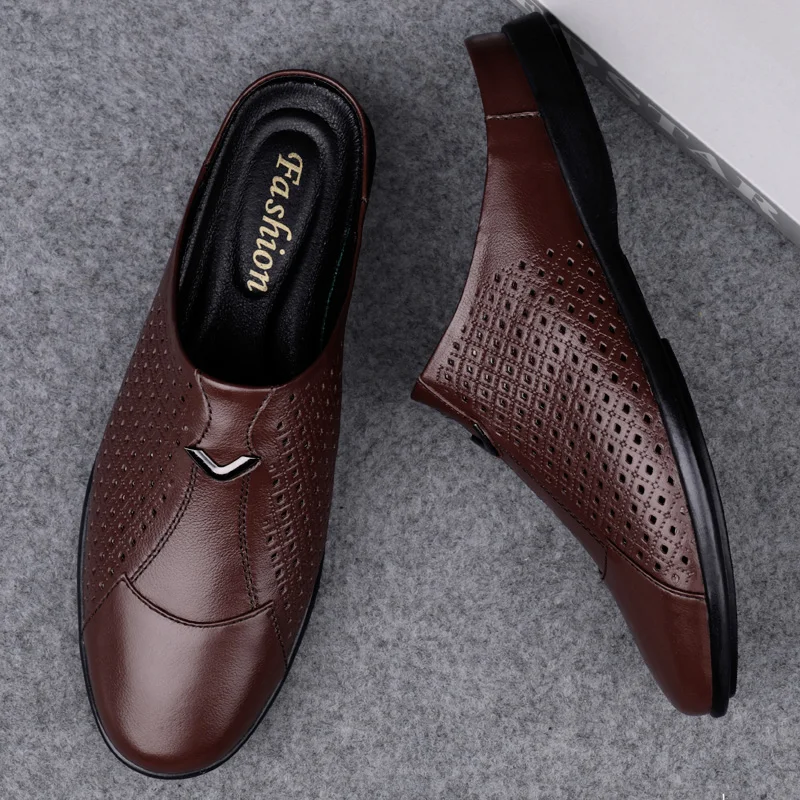Man Summer Fashion Cowhide Casual Mules Male Breathable Half Loafer Slippers Hombre Genuine Leather Hollow Flat Half Mocassins