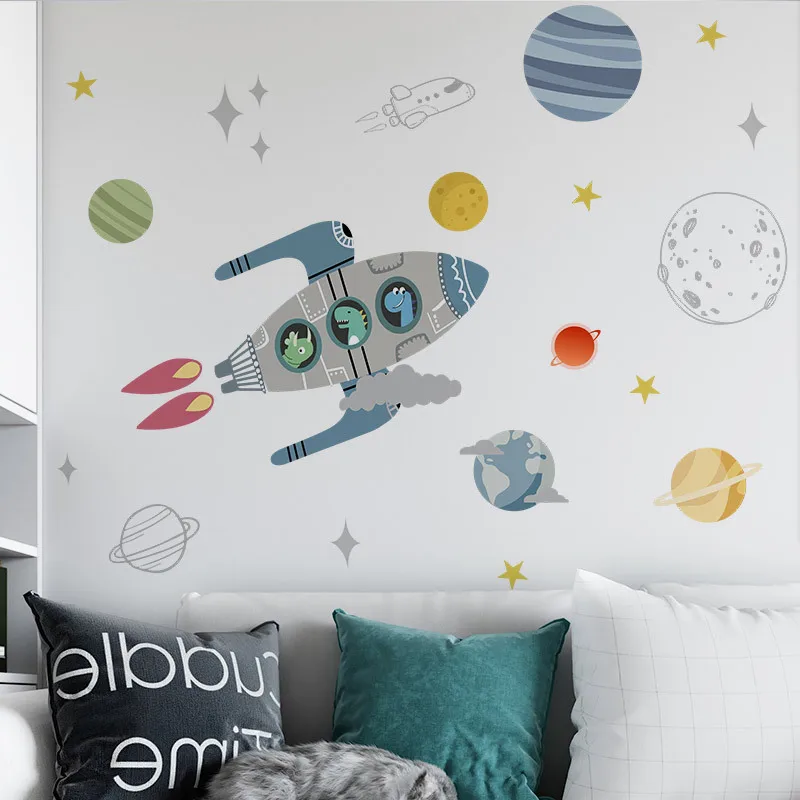 Rocket Ship Astronaut Creative Vinyl Wall Sticker For Boy Room Decoration Outer Space DIY Wall Decal Nursery Kids Bedroom Decor
