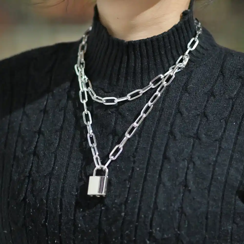 二重層ロックチェーンネックレスパンク 80s 90sリンクチェーン Serabro ゴールド南京錠女性のファッションゴシックジュエリー Choker Necklaces Aliexpress