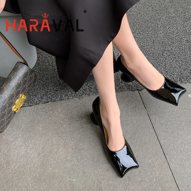 Zapatos de tacón alto de charol para mujer, calzado de oficina de estilo extraño, color negro y marrón, _ - AliExpress Mobile