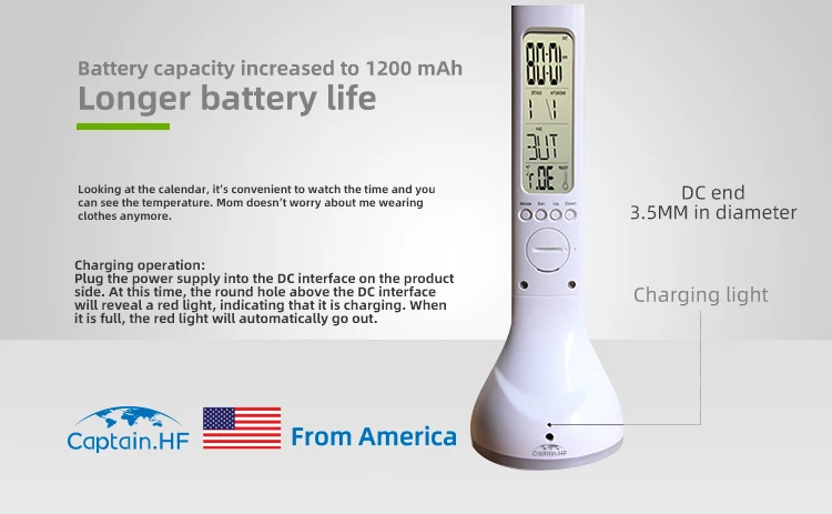 Captain HF Fordable LED настольный светильник, настольная лампа, настольная лампа с ЖК-дисплеем, часы с календарем, термометром Настольная светодиодная лампа