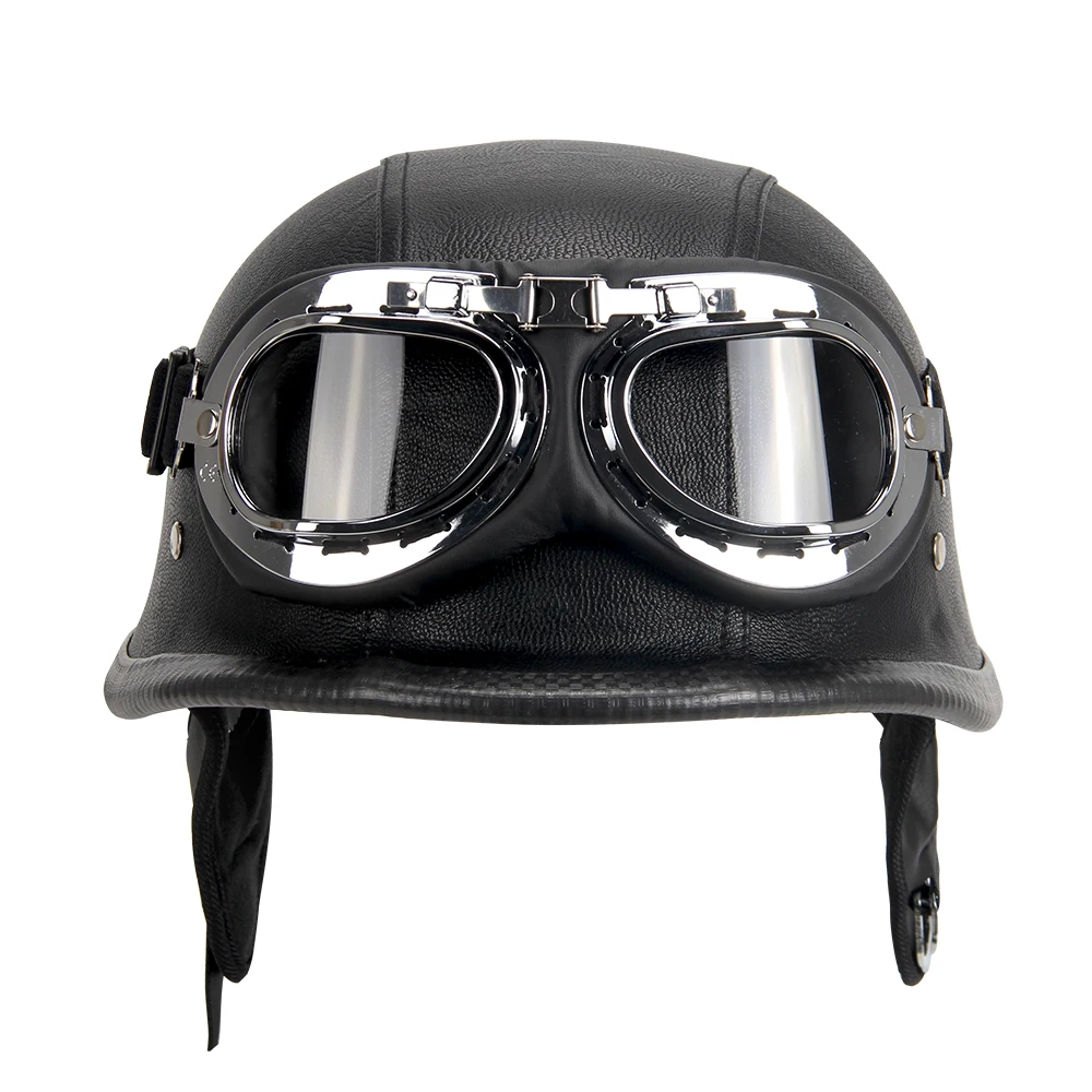 New Leather Motorcycle Helmet German Motorcycle Open Face Half Helmet Chopper Biker Pilot DOT BLACK