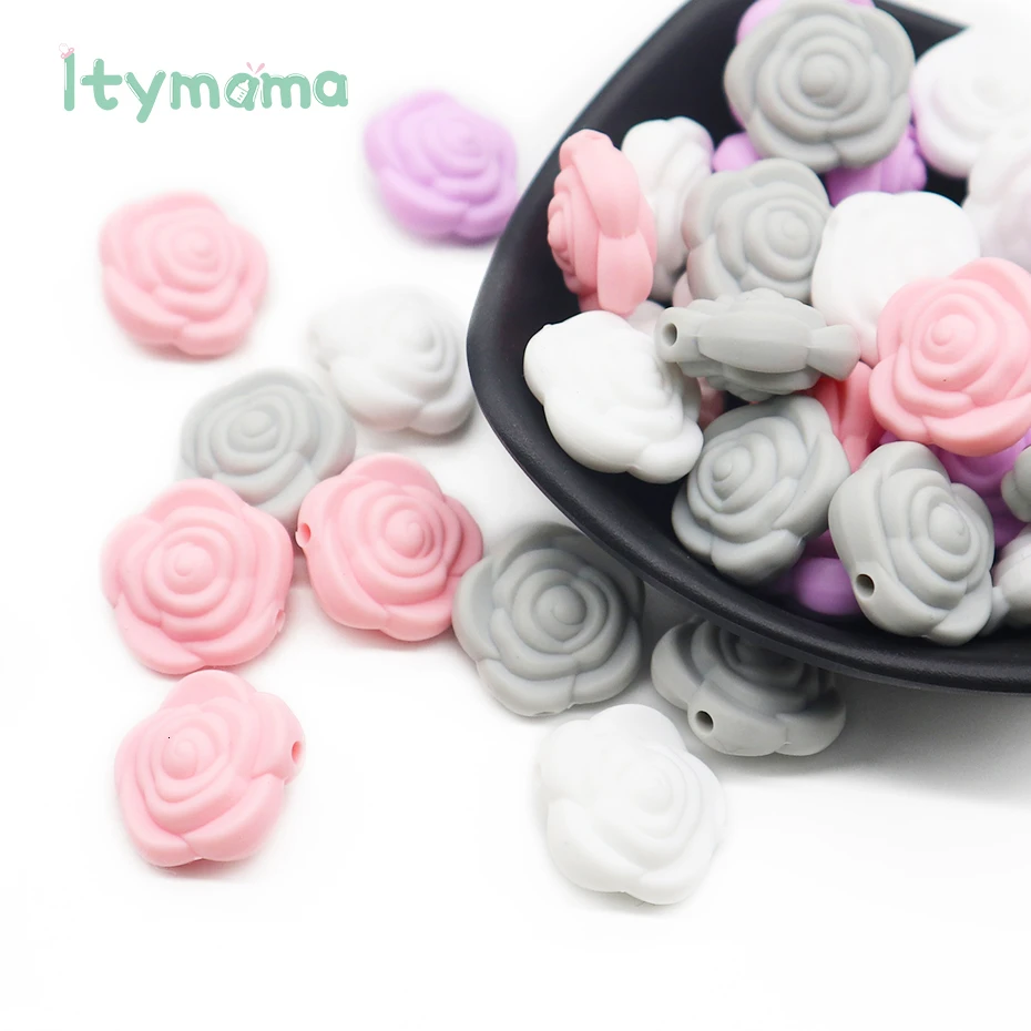 Itymama, 15 шт., детский прорезыватель, без БФА, розовый, силиконовый бисер, в форме цветка, для прорезывания зубов, ожерелье, сделай сам, соска, клипса, цепочка