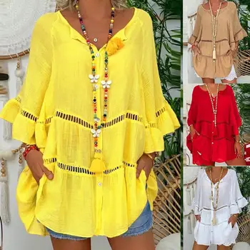 

2020 Autumn Personality Tops Sexy Women's Plus Size Solid Cotton And Linen Hollow Out V-neck Pullover Tops Shirt Drop