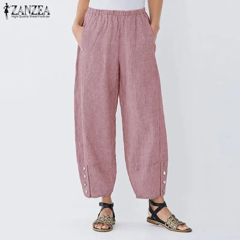 ZANZEA, женские широкие штаны с эластичной резинкой на талии, полосатые штаны-шаровары, женские брюки с карманами, повседневные свободные винтажные Pantalon размера плюс