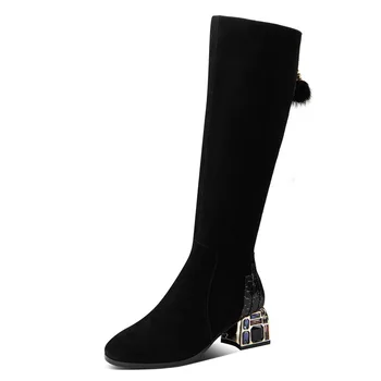 

Fashion Rhinestone Knee-High Boots Sexy Stretch Fabric Cozy High Heels Mature Winter Zipper Shoes For Women Trapery Damskie Buty