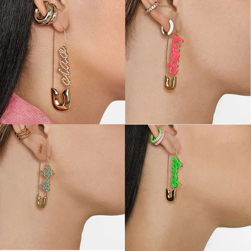 

2019 New Steampunk Long Gold Pin Drop Earring Play Bag Cherry Letters Charm Safety Pin Earrings For Women
