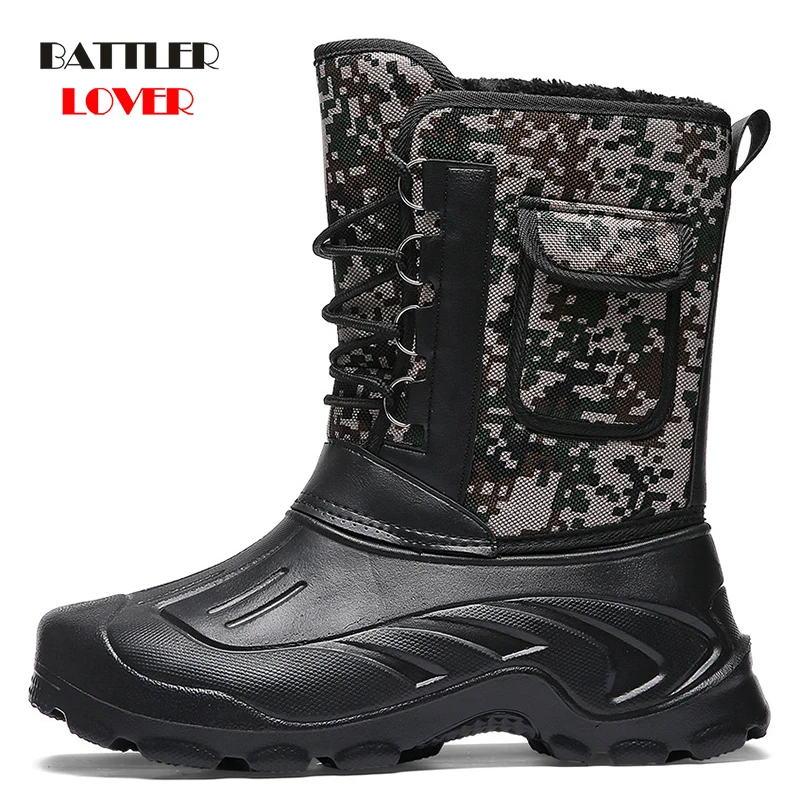 -40 Degree Winter Camouflage Snow Men Boots Rain Shoes Waterproof with Fur Plush Warm Botas for Male Mid-Calf Work Fishing Boot