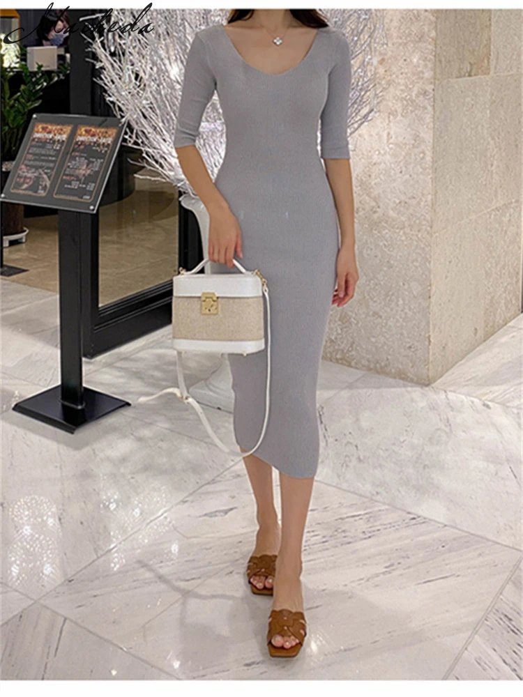 

Macheda Elegant V- Neck Knitted Dress Women Solid Slim Bodycorn Basic Mid-calf Dress Fashion Outfits Korean Chic Female Clothing