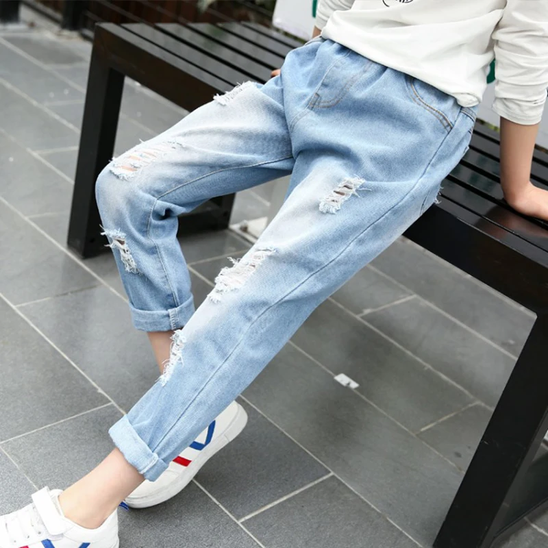 Детские рваные джинсы скинни для маленьких девочек осенние длинные джинсовые штаны с разрывами детские джинсы для 3, 4, 5, 6, 7, 8, От 9 до 10 лет