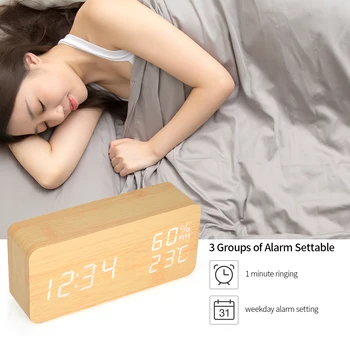 

New Table Wooden Alarm Clock Sound Control 3 Alarms LED Digital Alarm Clock USB/Battery Powered Dimmer Indoor Hygrometer Thermom