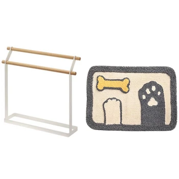 

Iron Art Towel Rack Kitchen Rags Rack & Cartoon Door Mat Dog Palm Floormat Shower Room Non-Slip Foot Pad 45X65cm(A)