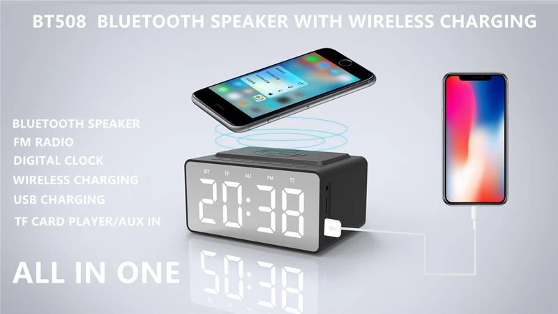 Bluetooth динамик BT508 современный дизайн цифровой светодиодный Будильник с беспроводным зарядным устройством бытовые часы настольные зеркальные светодиодные часы