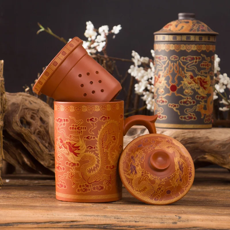 

400ml Purple Sand Dragon Pattern Tea Cup Pu'er Cup Ceramic Kungfu Teacup with Lid and Filter Liner Home Office Teaware Gifts