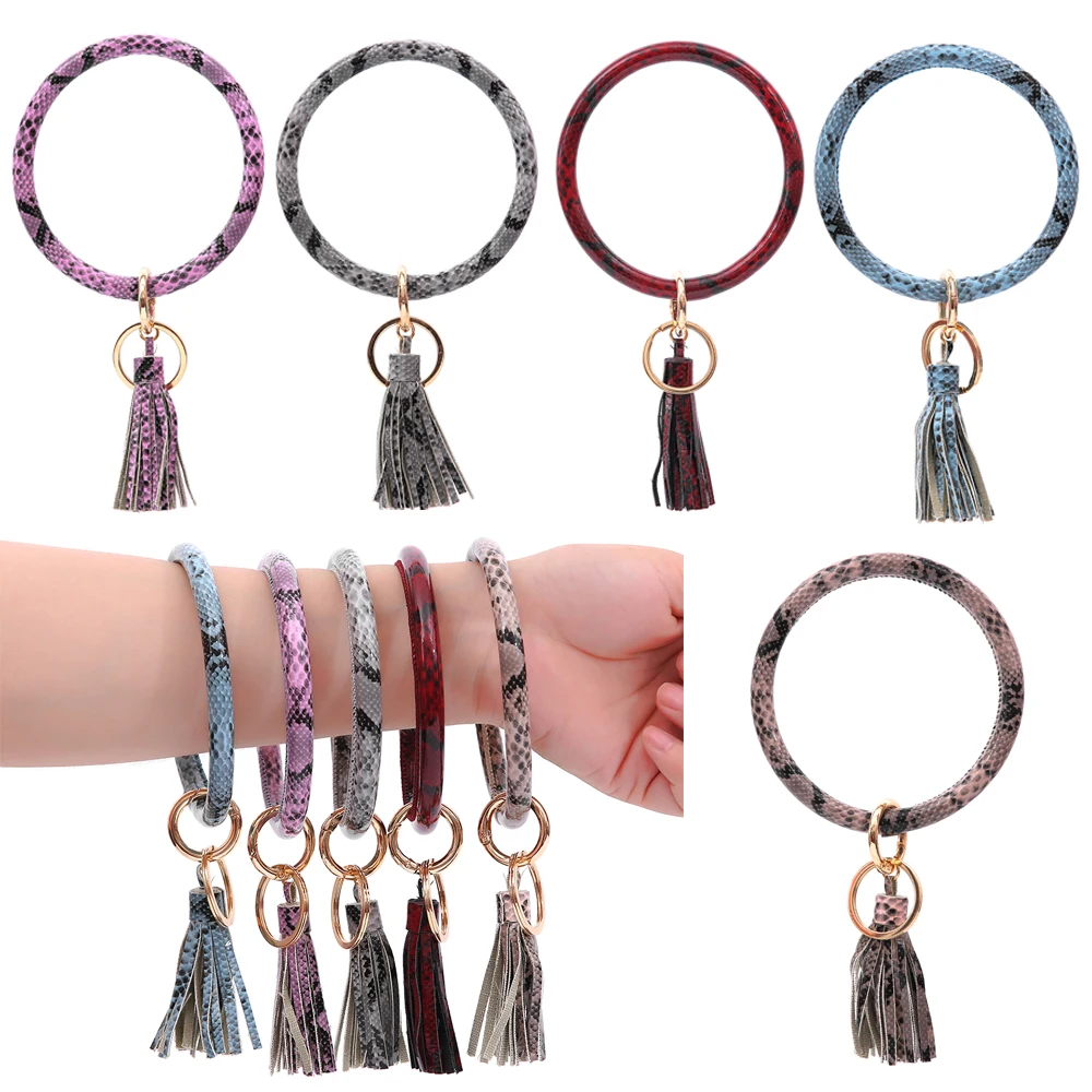 

Fashion Bracelet Keychain For Women Gifts Trendy Varnish Snakeskin wristlet keychain Tassel Bangle keychain Accessories