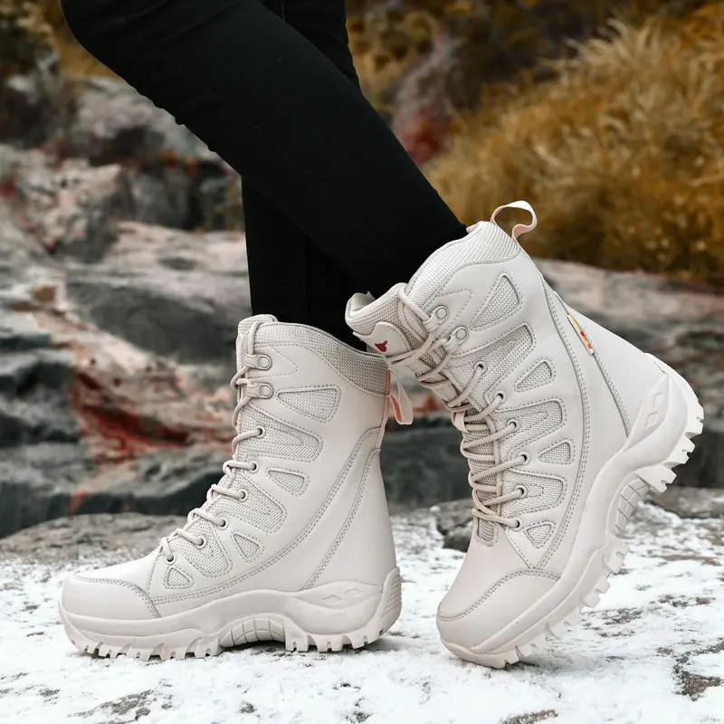 Beige Winter Outdoor Hiking Boots Couple Men Trekking Shoes Women