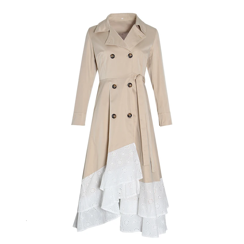 New Fashion Autumn Winter Women's Trench Ruffles Pathcwork Embroidery Lapel Khaki Asymmetrical Hem Overcoat