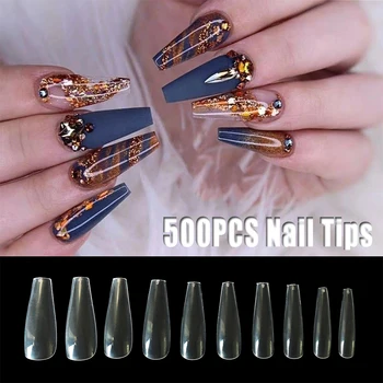 

500Pcs Long Ballerina Flase Nail Art Tips White/Clear/Natural Coffin Nails Art Tips Flat Shape Full Cover Acrylic Nail Tips