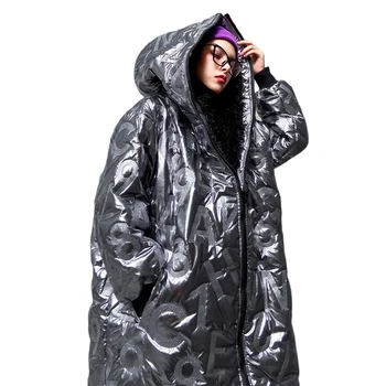 

Winter Jacket Women Hooded Parka Long Warm Thick Long Cotton Padded Coat 2020 Bright Silver Glossy Femme Loose Overcoat LT931S50