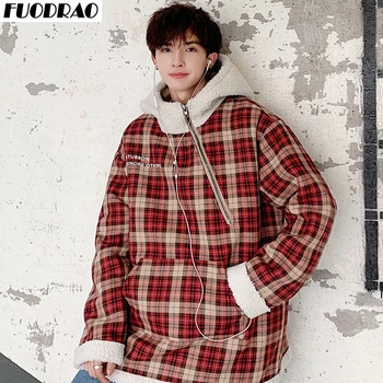

FUODRAO Oversized Winter Pullovers Jackets Men Hip Hop Streetwear Hooded Parkas Man Thick Warm Harajuku Plaid Coats J196