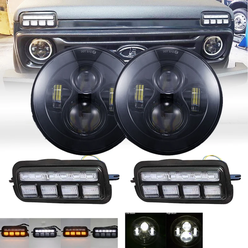 

LED Daytime Running Lights for Lada Niva 4x4 1995- 2019 Turn Signal Light DRL +7inch LED Round Headlights Halo Ring High/LOW