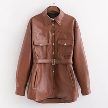 RR пальто из искусственной кожи с поясом на талии, женские модные коричневые куртки с отложным воротником, элегантные женские пальто с карманами
