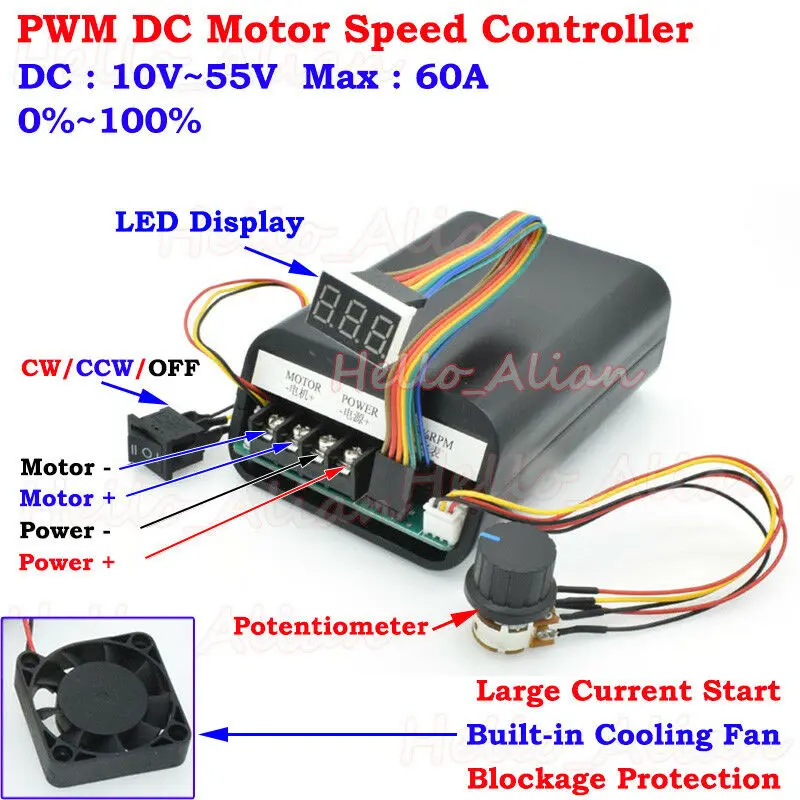 DC12V 24V 36V Motor Variable Speed Controller Reversible Drive Control PWM 40A 
