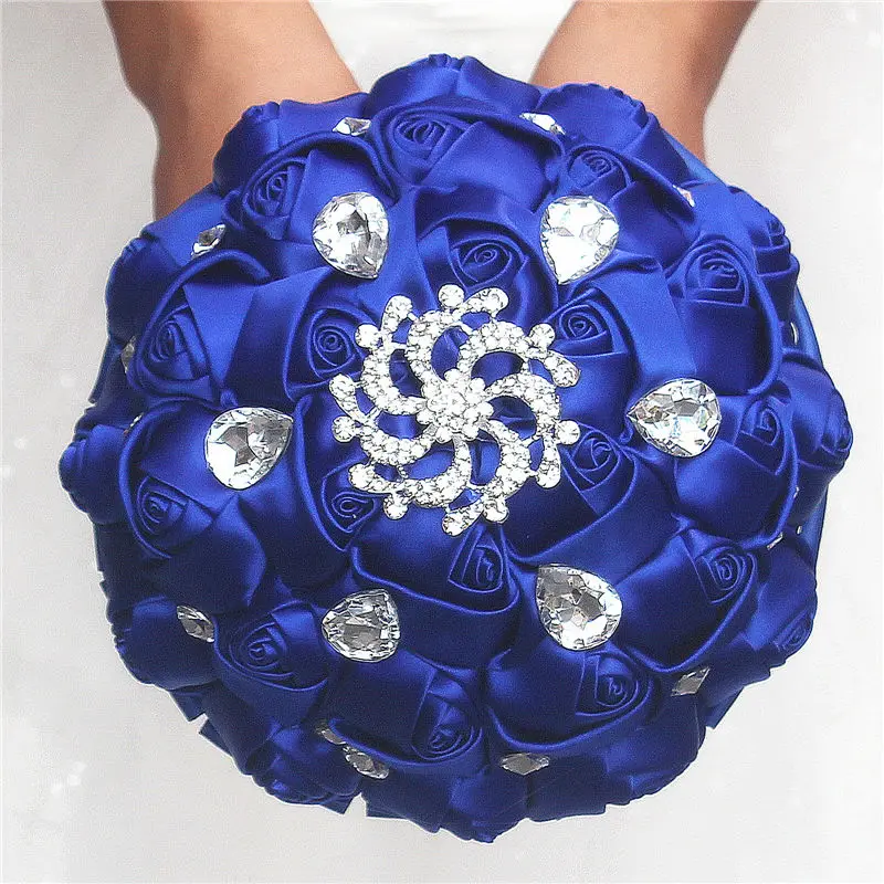 WifeLai-A Gorgeous Wedding Flowers Royal Blue Silk Ribbon Rose Bridal Bouquets Holding Flowers With Crystal buque de noiva W291