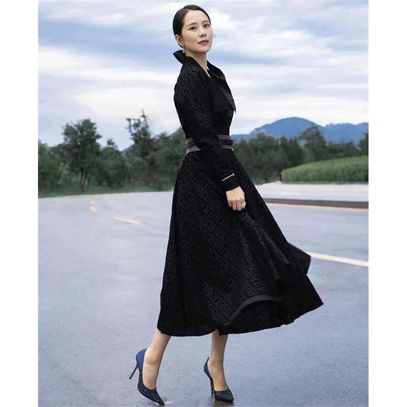 

Dress for Women High Quality New Autumn Runway V-Neck Long Sleeves Solid Elegant Office Dresses Vestidos NP1758J