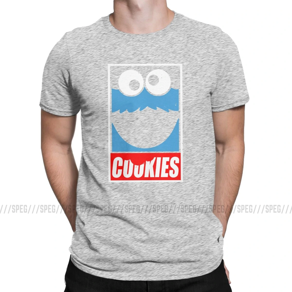 Cookie Monster T Shirt For Men Funny Tees Round Neck Short Sleeved Clothes Cotton Printed T-Shirt Plus Size Tops - Цвет: Серый