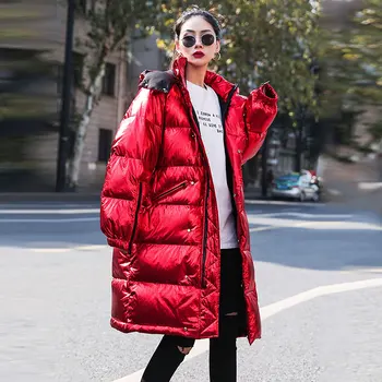 

Winter Fashion Women Down Cotton Jacket Glossy Warm Parka Long Hooded Thicker Coat Female Full Sleeve Streetwear Outwear 258