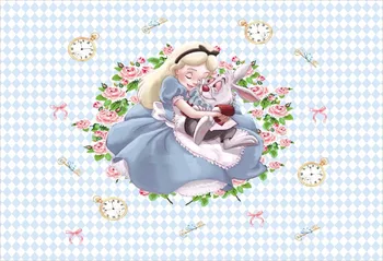 

Alice Wonderland rabbit clock Blue white diamond backdrop High quality Computer print kids birthday party background CST3378