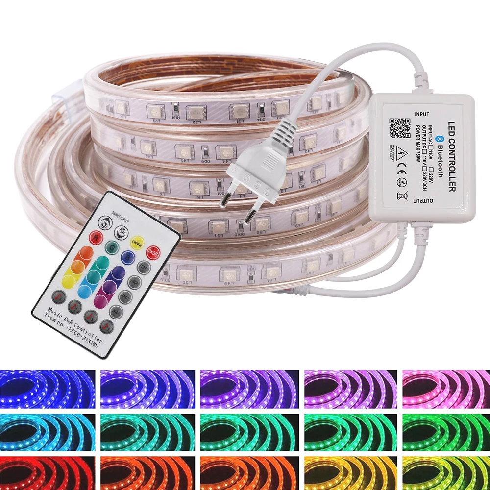 

Waterproof Music LED Strip Lights 120LED/m SMD 5050 AC220V Flexible Strips Changing Color LED Light with 24key Remote Controller
