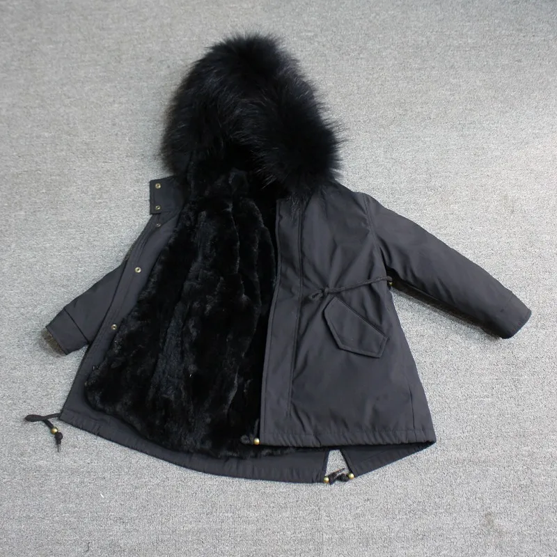 green gray fur Куртки из натурального меха кролика Рекс, парки с большим воротником из меха енота с капюшоном для маленьких девочек, одежда детская зимняя куртка для мальчиков - Цвет: green gray fur